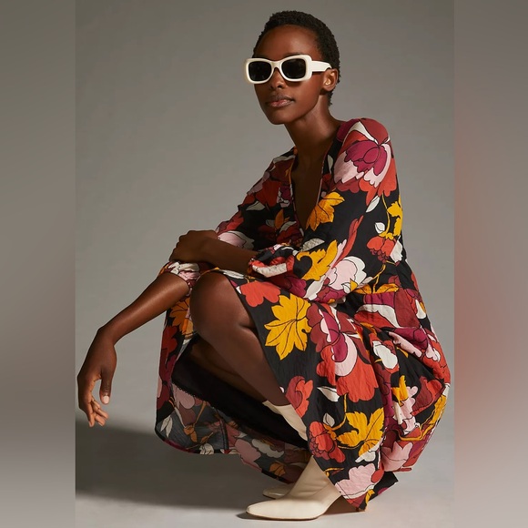 Anthropologie Dresses & Skirts - MAEVE Anthropologie Deep V Ruched MIDI Dress (Size 14)